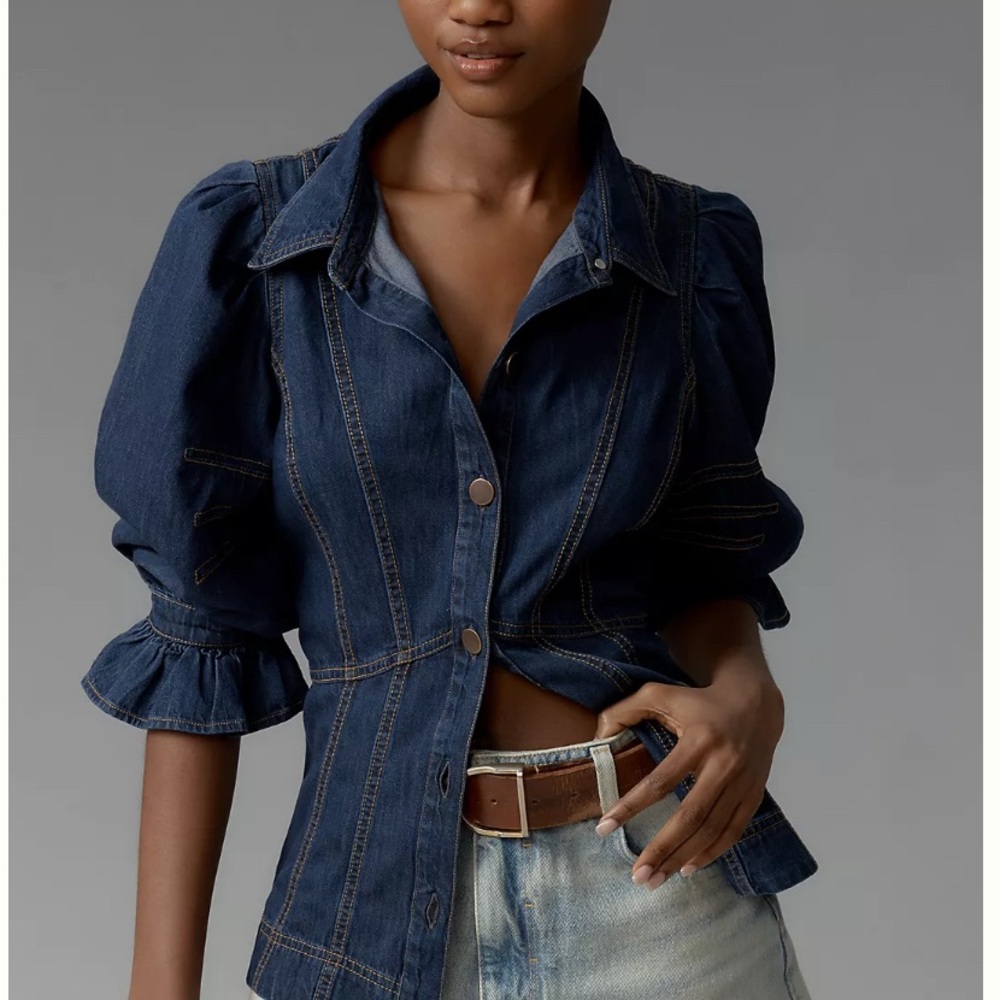 Anthropologie Dark Blue Denim puff sleeve button down shirt